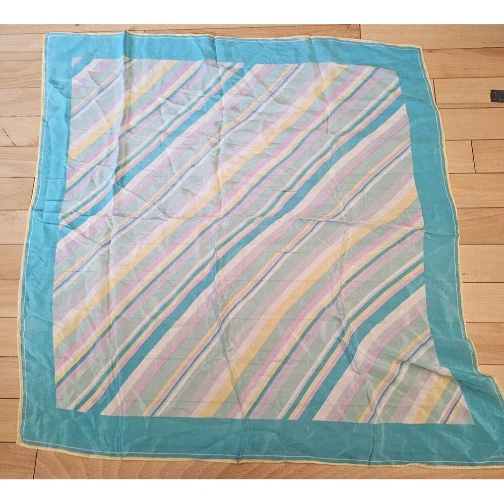 Vintage Evan Picone Silk Scarf Square Pastel Teal Pink Yellow Stripe Neck Wrap
